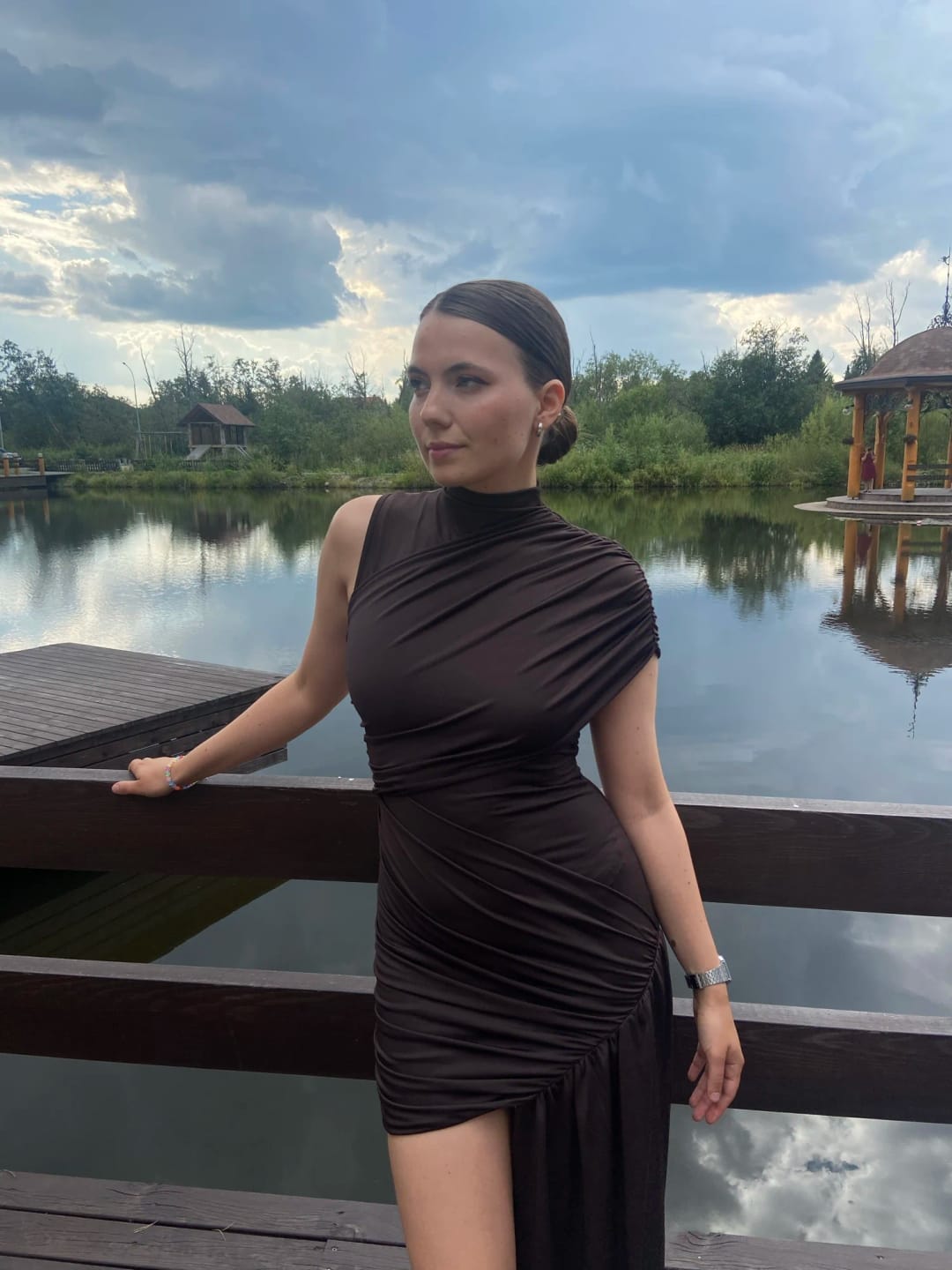 Customer photo review of Jenny High Neck Ruched Mini Dress