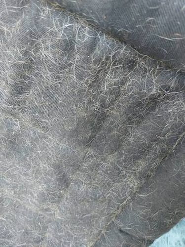 Customer's close-up of dark fabric completely covered in light pet hair before washing.