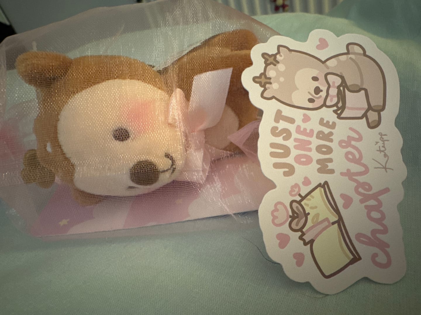 Customer photo review of Cinnamon the Chubby Reindeer Bookish Kawaii Vinyl Die Cut Sticker | Just One More Chapter Reading Sticker