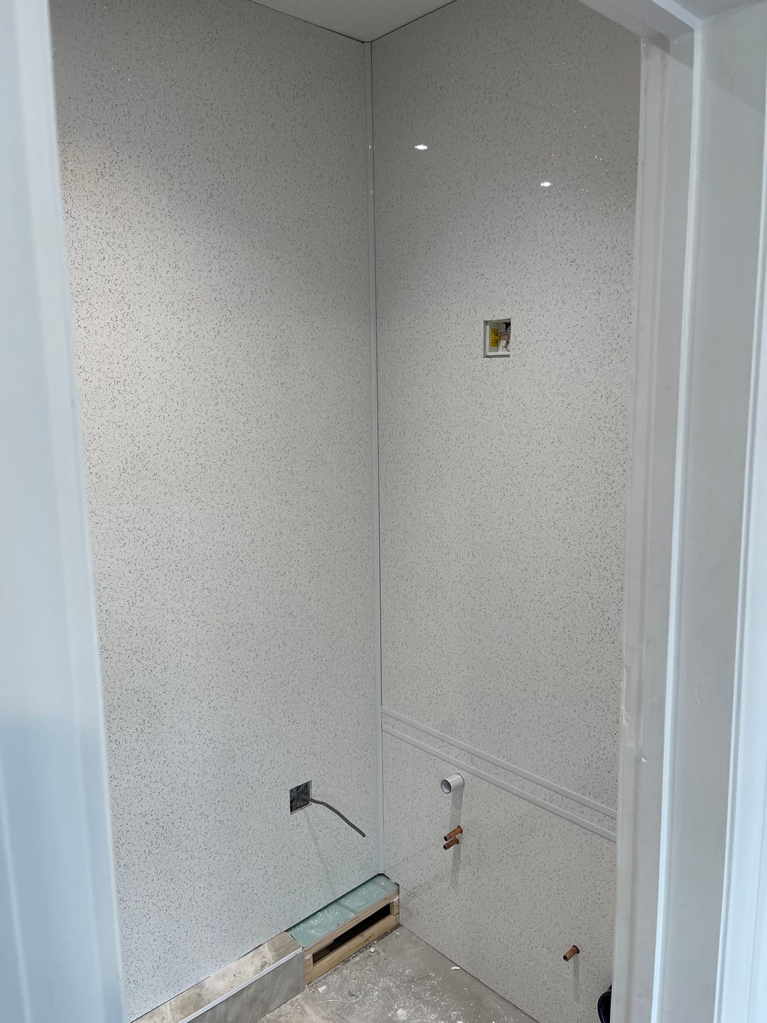 Customer photo review of 10mm Platinum White Sparkle Gloss Shower Panel 1M x 2.4M