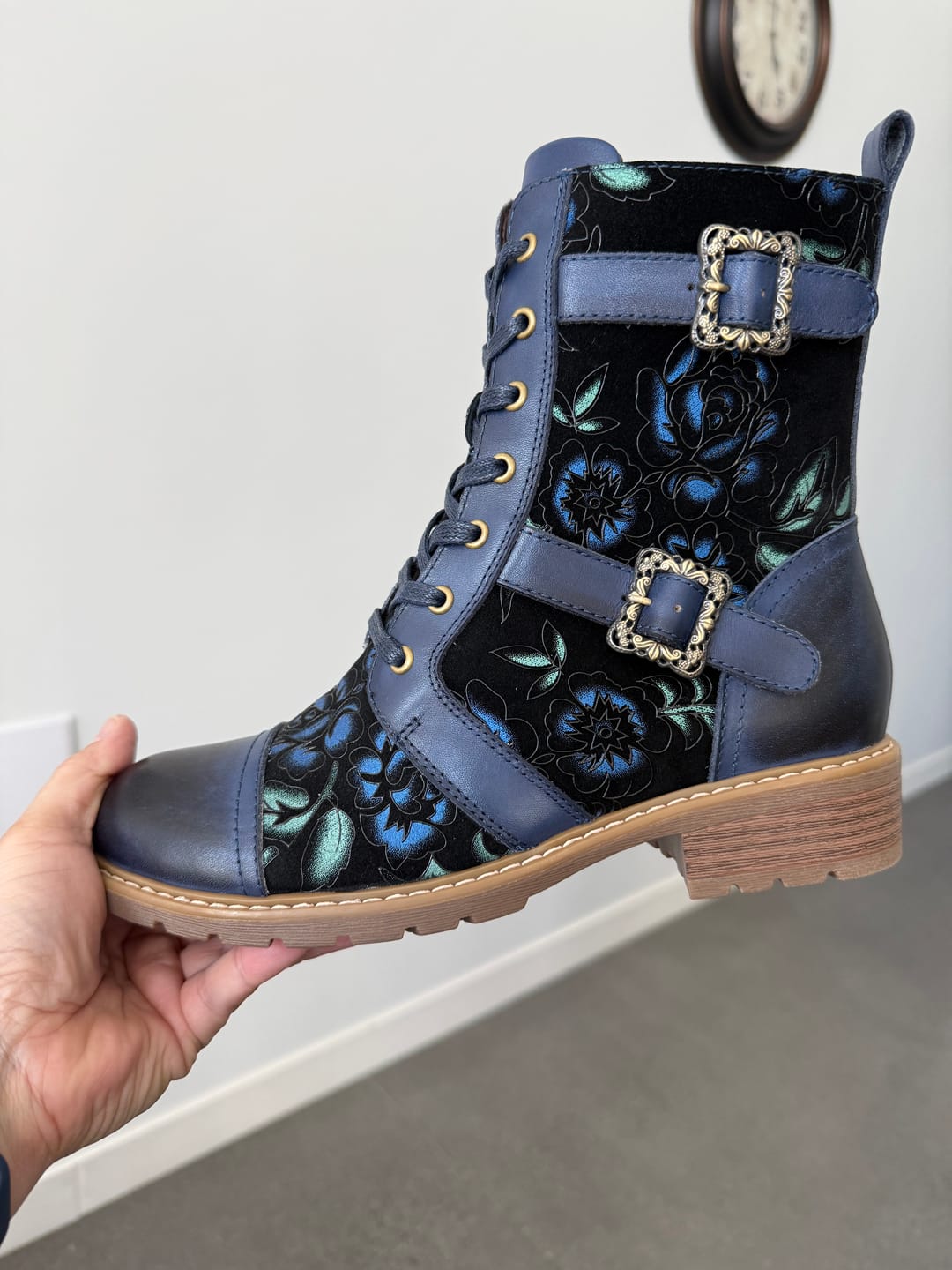 Customer photo review of Timeless Grace Floral Lace-Up Flat Ankle Boots