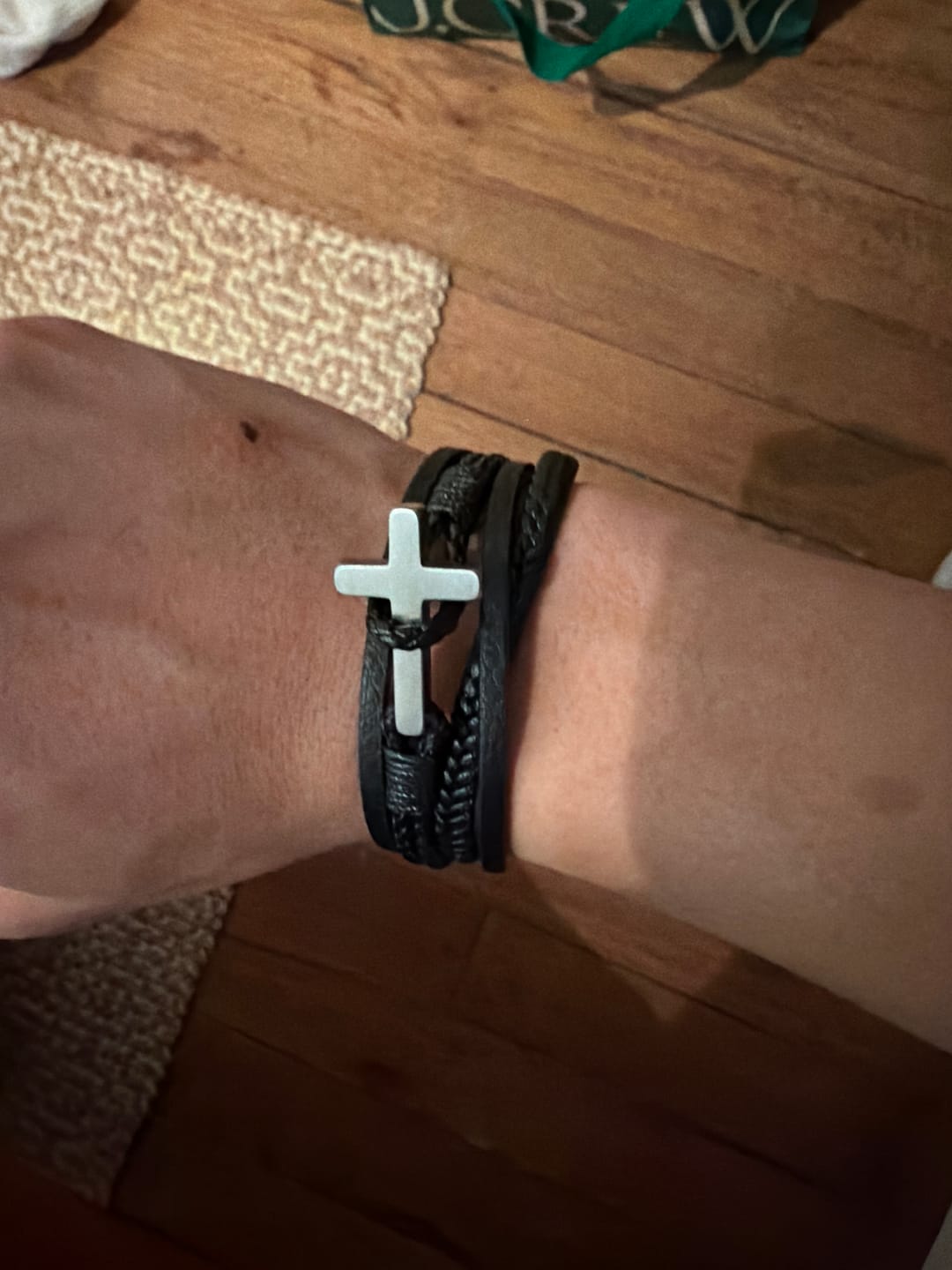 Customer photo review of Christianartworkshop Tri - Color Stainless Steel Cross & Braided Leather Fashion Bracelet