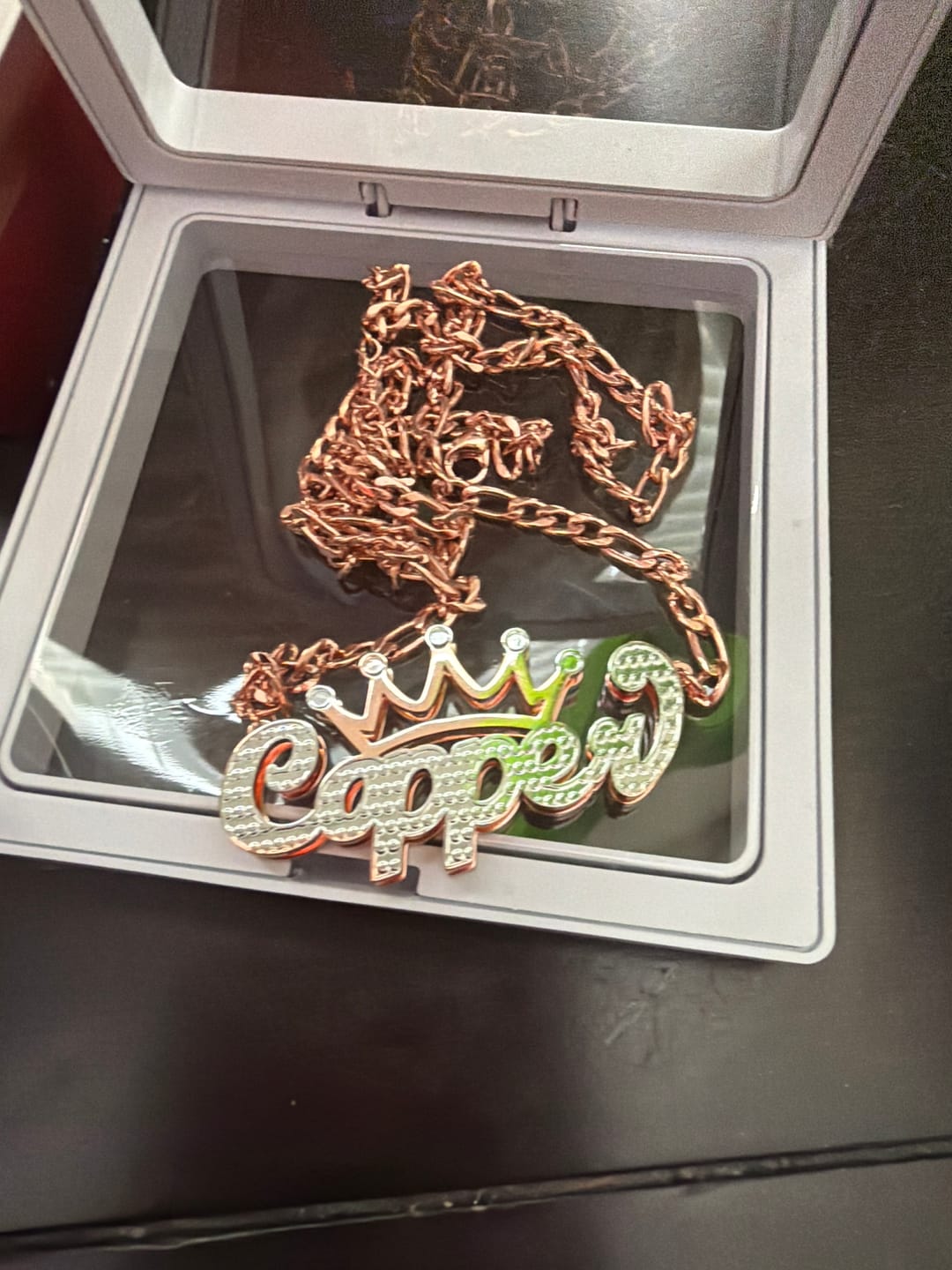 Customer photo review of Double Plated Crown Name Necklace w/ Figaro Chain