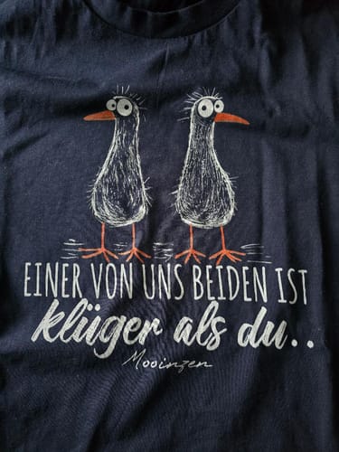 Nahaufnahme des dunkelblauen T-Shirts eines Kunden mit dem Aufdruck 'Einer von uns beiden ist klüger als du' und zwei Vögeln.