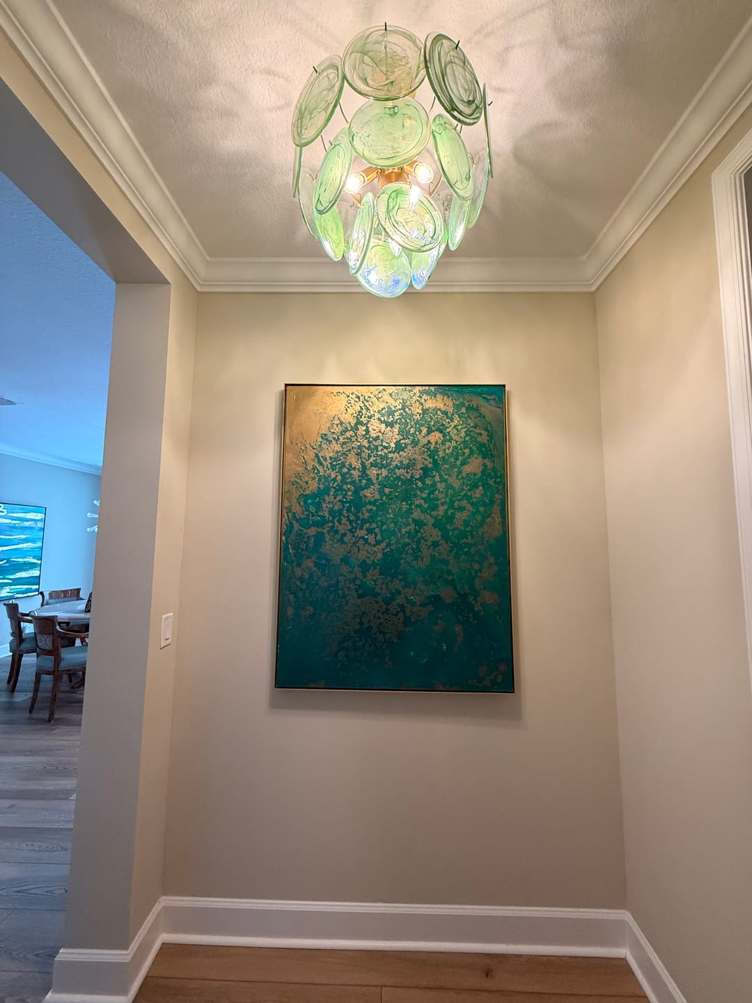 Customer photo review of Art Deco Green Iridescent Swirl Glass Tiered Chandelier