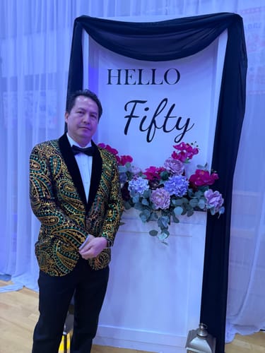 Customer photo review of Men's Sequin Gold and Blue Paisley Black Suit