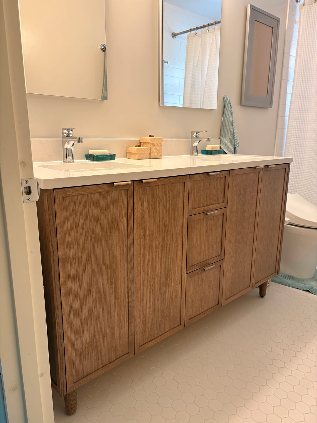 Customer photo review of Cape Breton 60" Mid Century Oak Bathroom Vanity, Double Sink