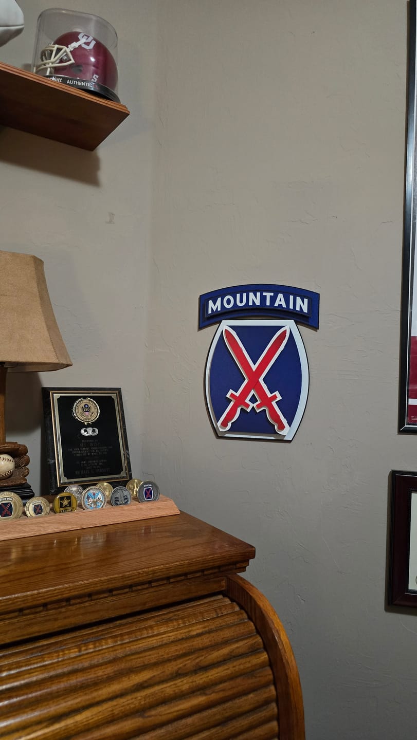 Customer photo review of US Army 10th Mountain Patch 3D Metal Wall Art
