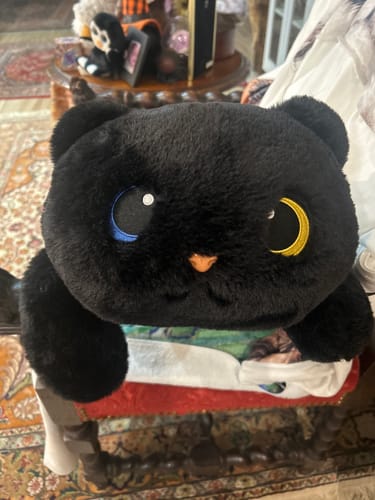 A close-up of the reviewer's soft Mewaii weighted black cat plush, highlighting its unique embroidered eyes.