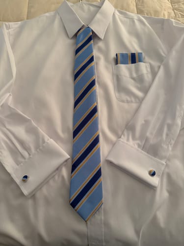 Customer photo review of Ties2you Striped Necktie Dusty Blue Silk Tie Pocket Square Cufflinks Set for Business