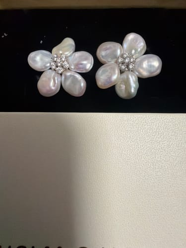 Customer photo review of GRACE - White Keshi Pearl Stud Floral  Earrings