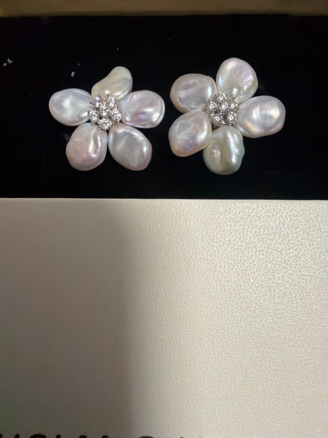 Customer photo review of GRACE - White Keshi Pearl Stud Floral  Earrings