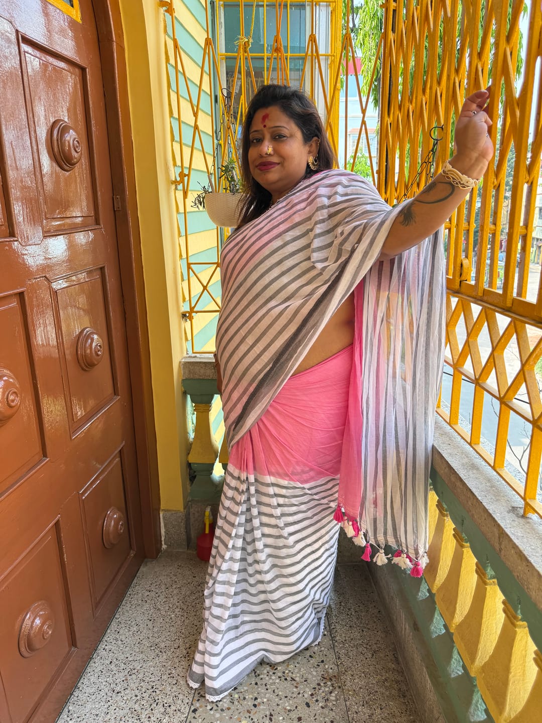 Customer photo review of Pink Striped Mulmul Cotton Saree