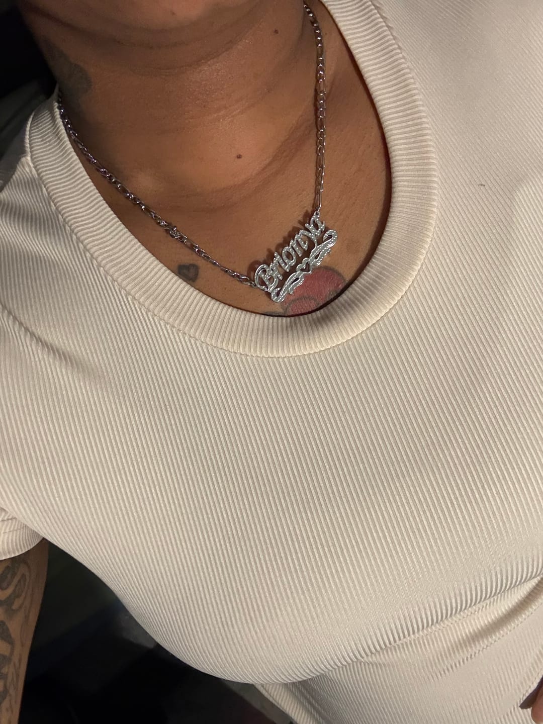 Customer photo review of Double Plated Heart Title Name Necklace w/ Figaro Chain