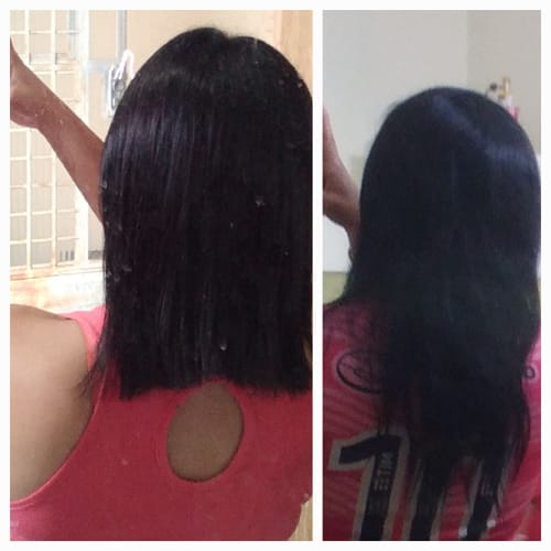 Antes e depois de uma cliente usando Happy Hair. A imagem da direita mostra o cabelo mais longo e com mais volume.