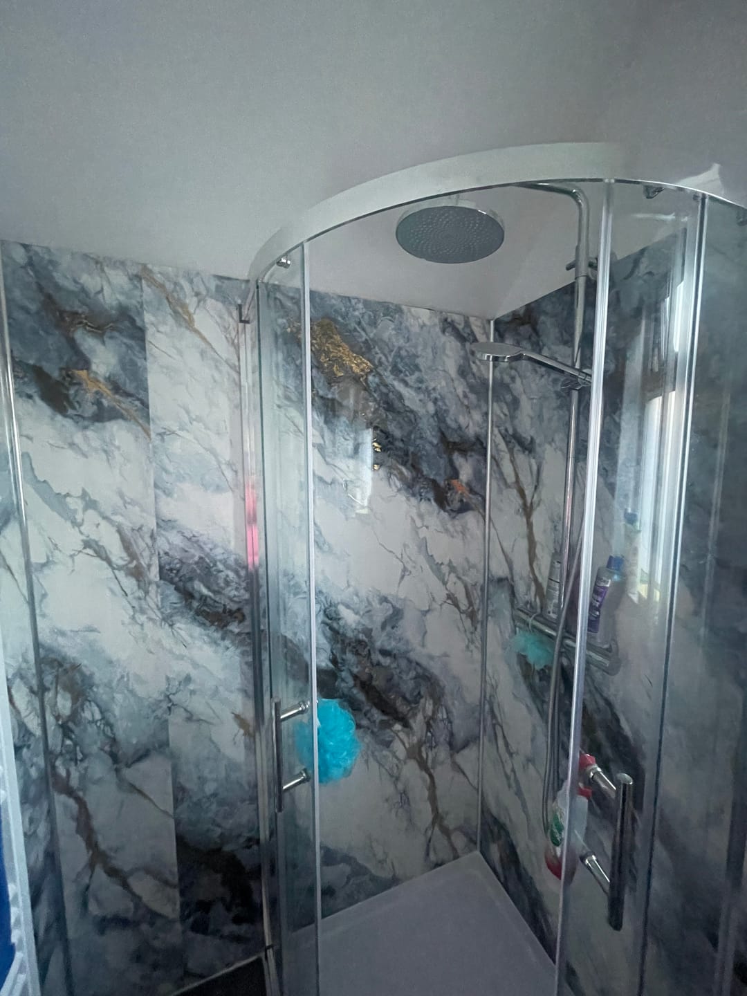 Customer photo review of 10mm Ocean Blue Gloss Shower Panel 1M x 2.4M