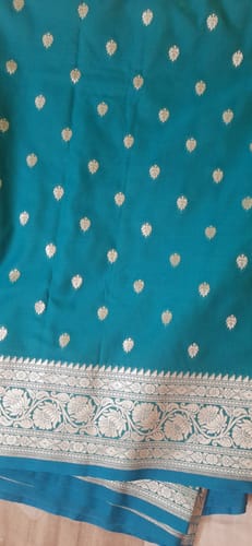 Customer photo review of Teal Firozi Rudraksha Buti Katan Silk Banarasi Saree
