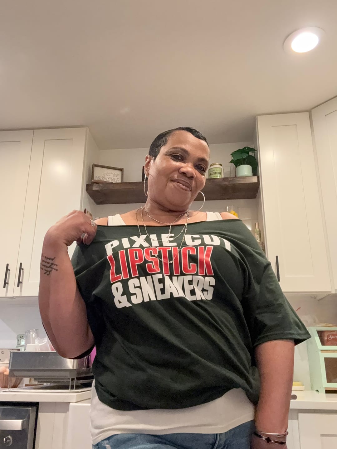 Customer photo review of Pixie Cut, Lipsitck, & Sneakers Tshirt