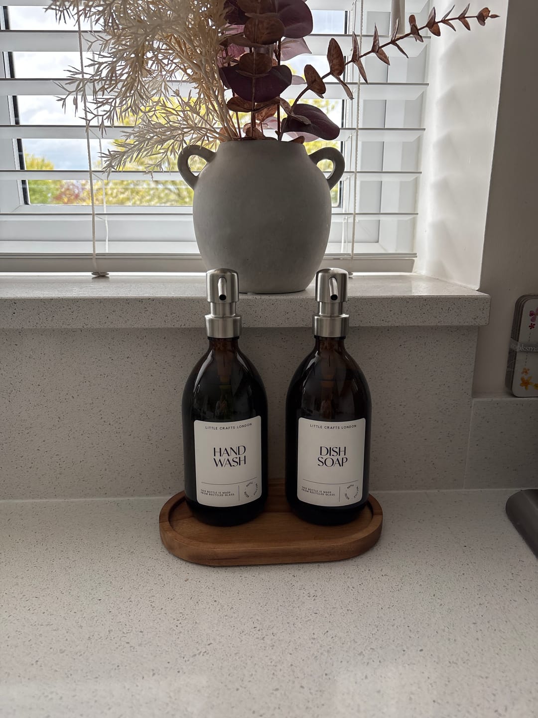 Customer photo review of Set of 2 Amber Glass Bottle 500 ML with Metal Pump & Small Tray