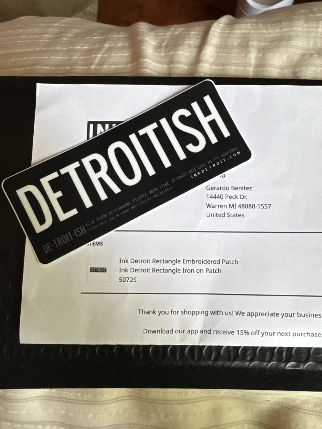 Customer photo review of Ink Detroit Rectangle Embroidered Patch