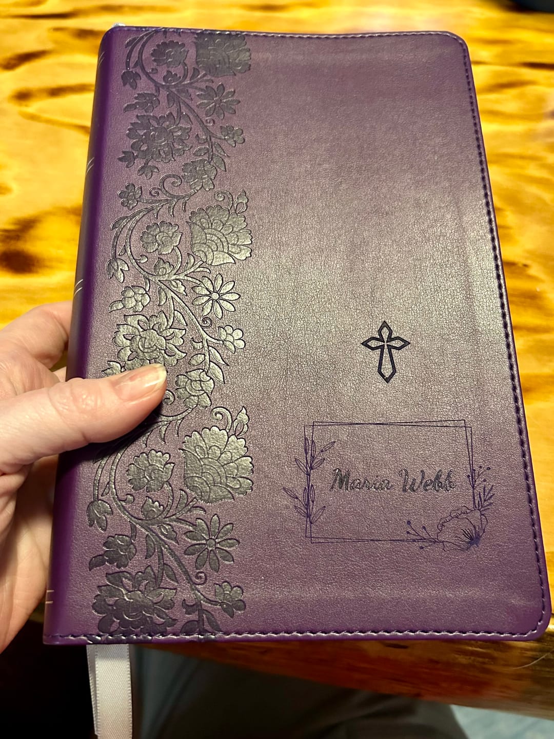 Customer photo review of Personalized NKJV Large Print Purple Reference Bible - Red Letter - Engraved Cross Frame
