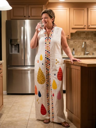 Reviewer wearing the loose, printed jumpsuit in a kitchen, holding a glass of water.