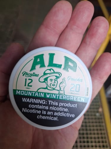 Customer's hand holding a round, white tin of ALP Mountain Wintergreen Nicotine Pouches.