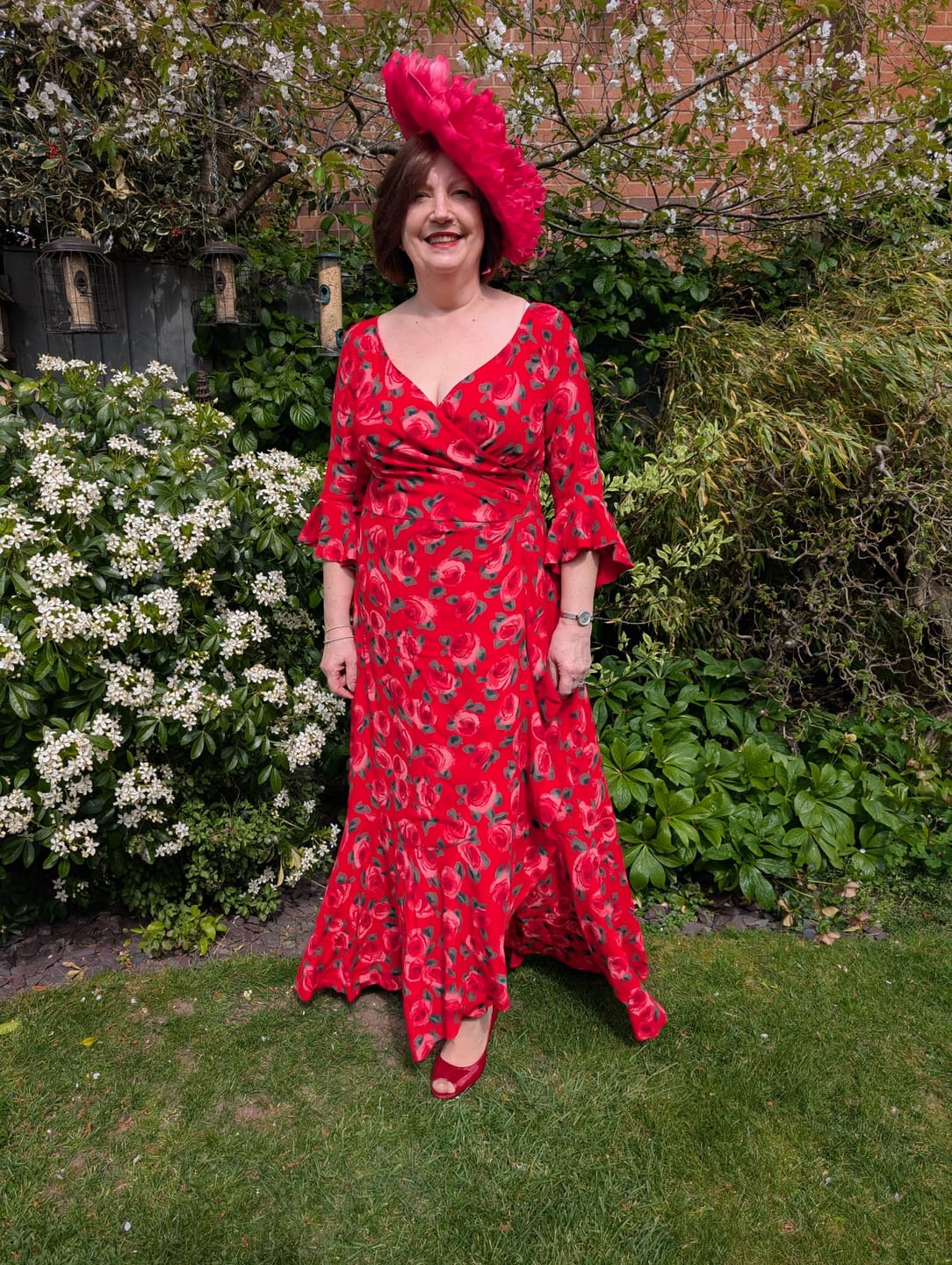 Customer photo review of 'Stevie' Luxe Ruffle Dress in Tahitian Red Rose