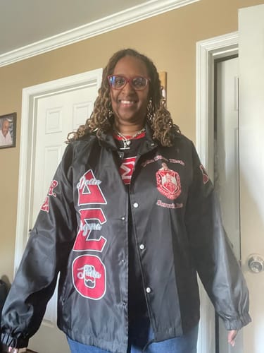 Customer photo review of Personalized Delta Sigma Theta Crossing Jackets Black Delta Pearls Style