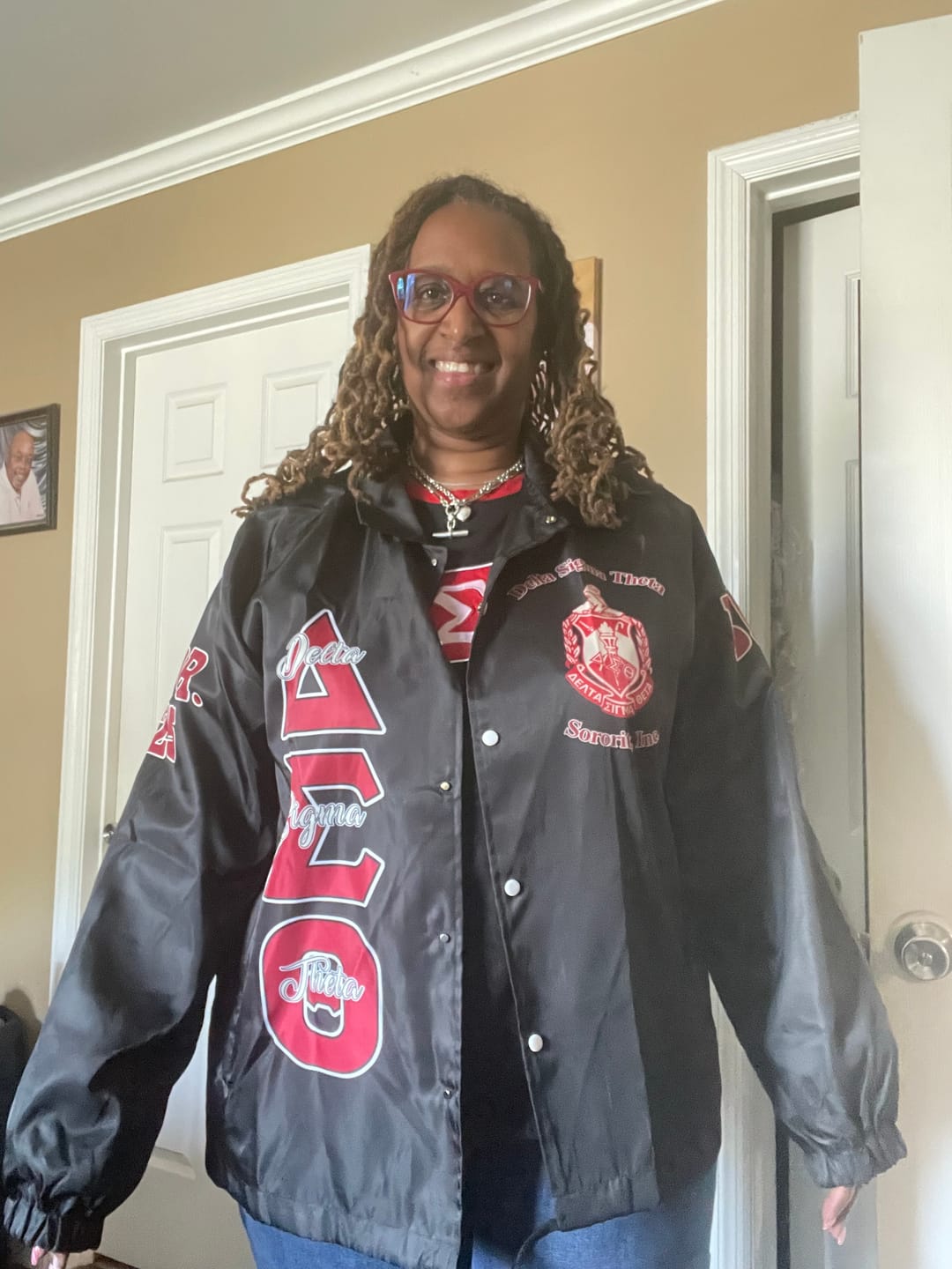 Customer photo review of Personalized Delta Sigma Theta Crossing Jackets Black Delta Pearls Style