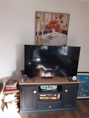Customer's Ranunculus framed canvas art print hanging in their living room above a television.