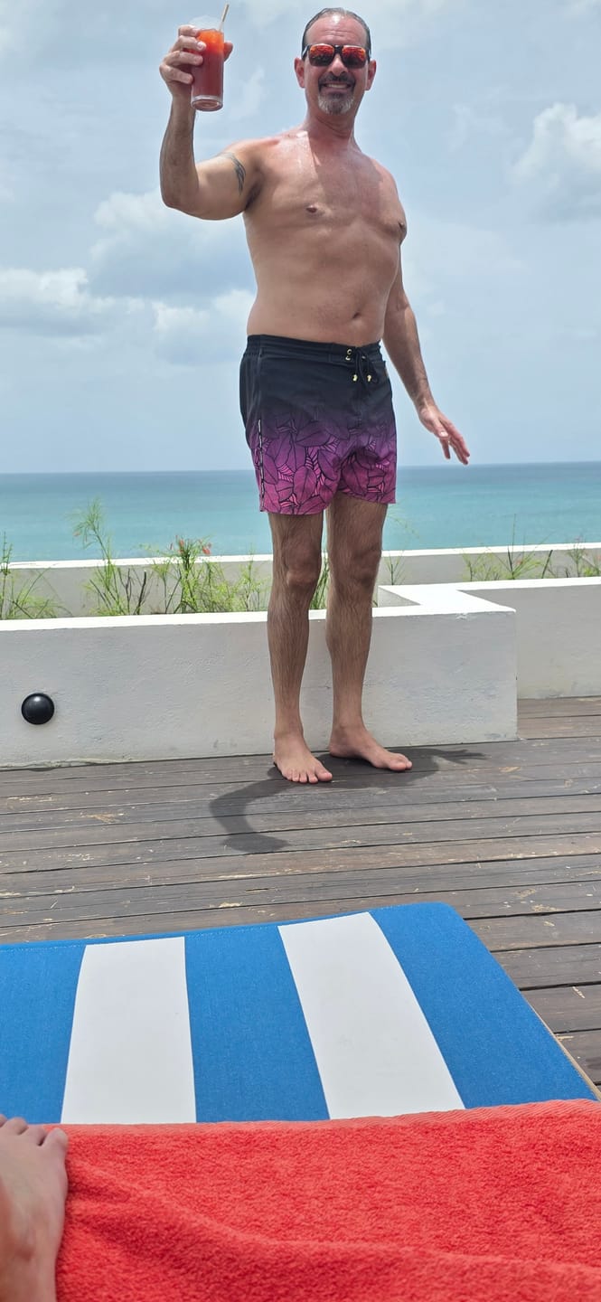 Customer photo review of Black Leaf Magenta Swim Trunks - 5"