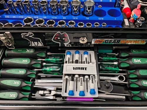 Customer's blue 2-Row Magnetic Socket Holder shown in a well-organized toolbox drawer.