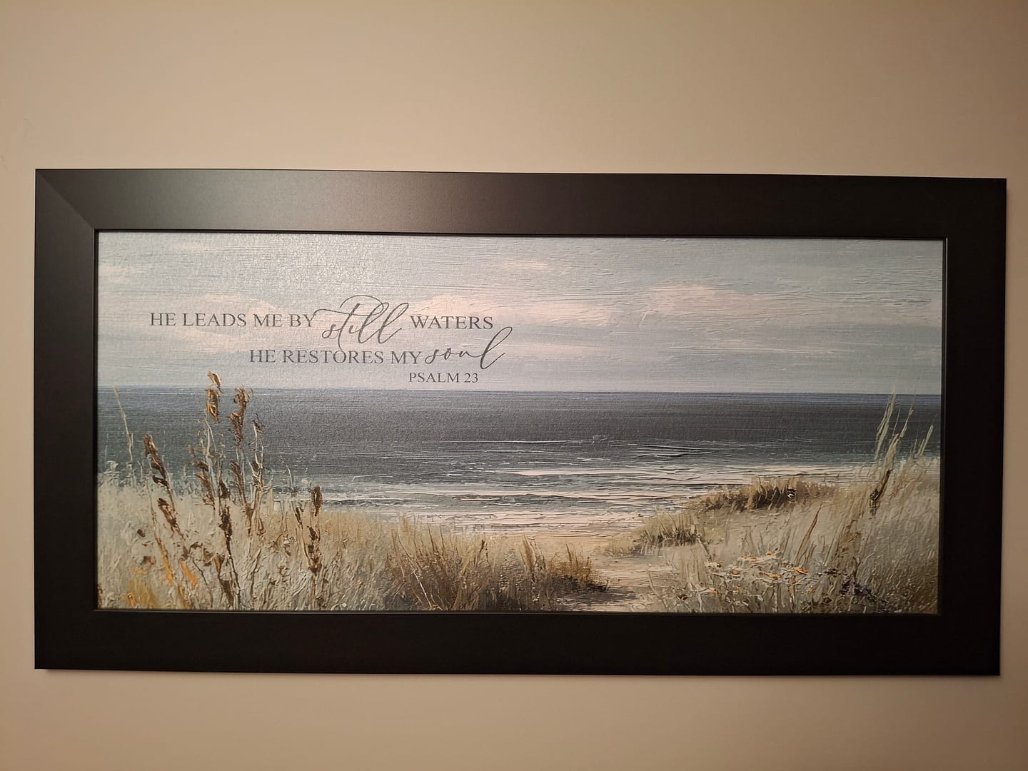 Customer photo review of He Leads Me By Still Waters Wall Art – Psalm 23 Coastal Scripture Wide Landscape Decor (SB757)