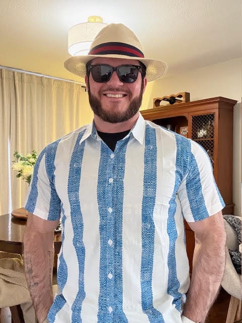 Customer photo review of Men's Vintage Blue  Vertical Striped Casual Short Sleeve Shirt