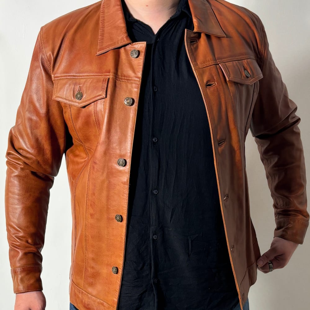 Customer photo review of Wicked Sienna Brown Leather Trucker Jacket For Men
