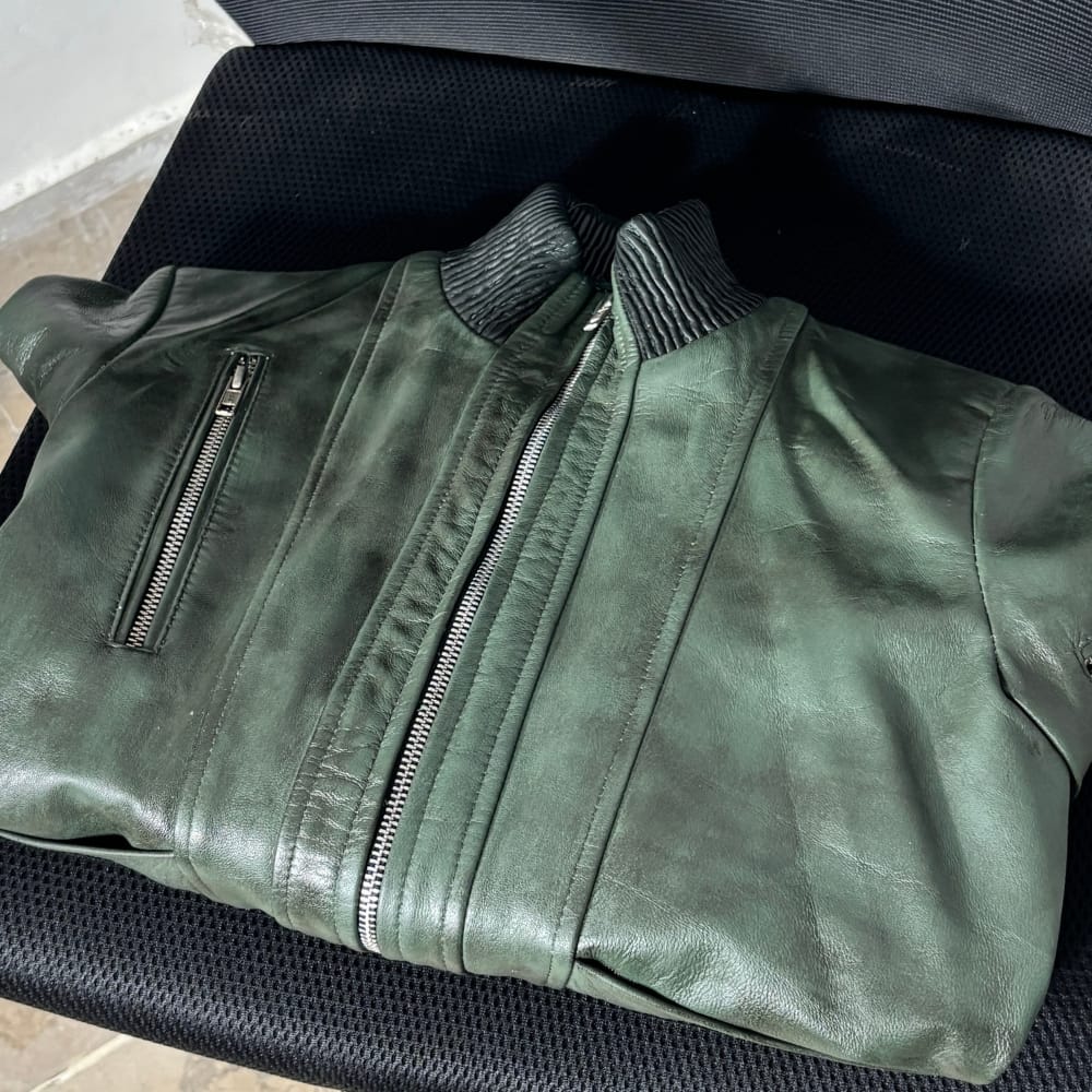 Customer photo review of Foresto Dark Green Leather Bomber Jacket For Women