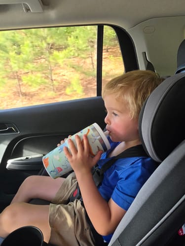 Customer's child drinking from the DINOSAURS 3 CREWCUP while sitting in a car seat.