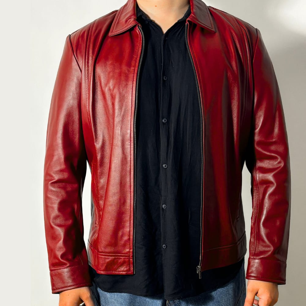 Customer photo review of Buster Brick Red Biker Style Leather Jacket For Men
