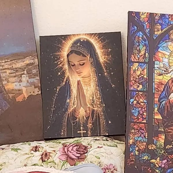 Customer photo review of Virgin Mary Canvas Wall Art, Glowing Light Catholic Decor, Spiritual Christian Home Decoration