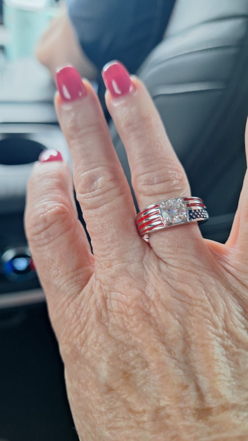 Customer photo review of Round Moissanite Engagement Ring with American Flag Enamel Band