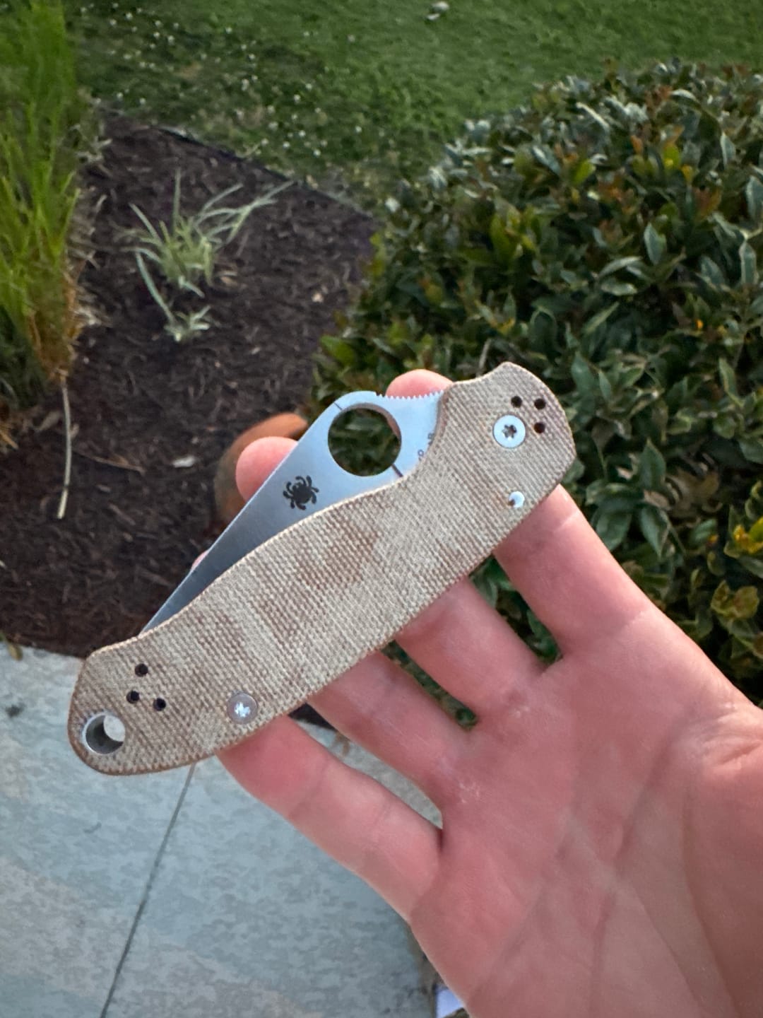 Customer photo review of Para 3 CruWear & Micarta Compression Lock Folding Knife 2.95" CPM CruWear Satin Plain Blade, Brown Canvas Micarta Handles