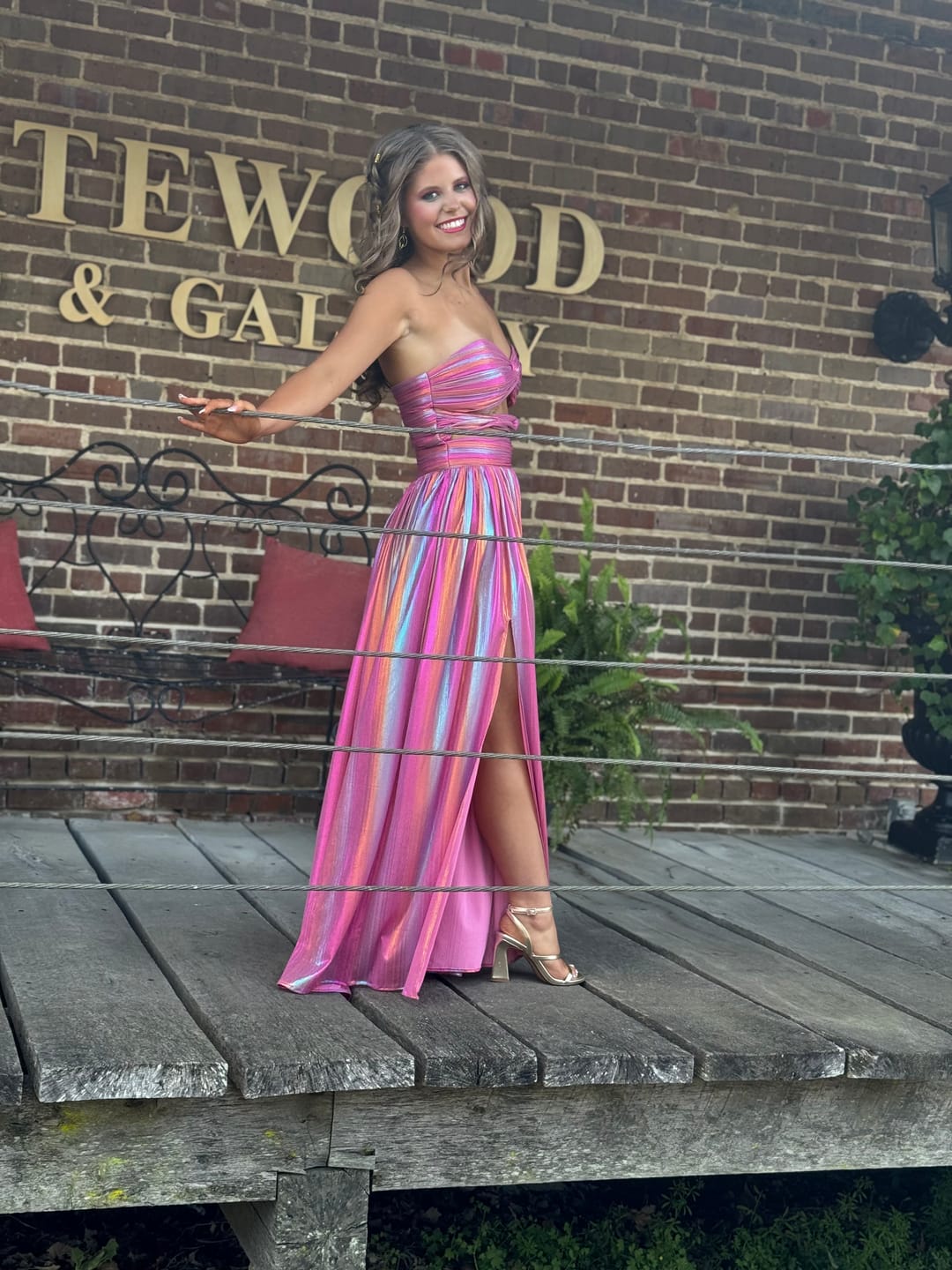 Customer photo review of Strapless Multicolor Cut-out Metallic Long Dress with Slit