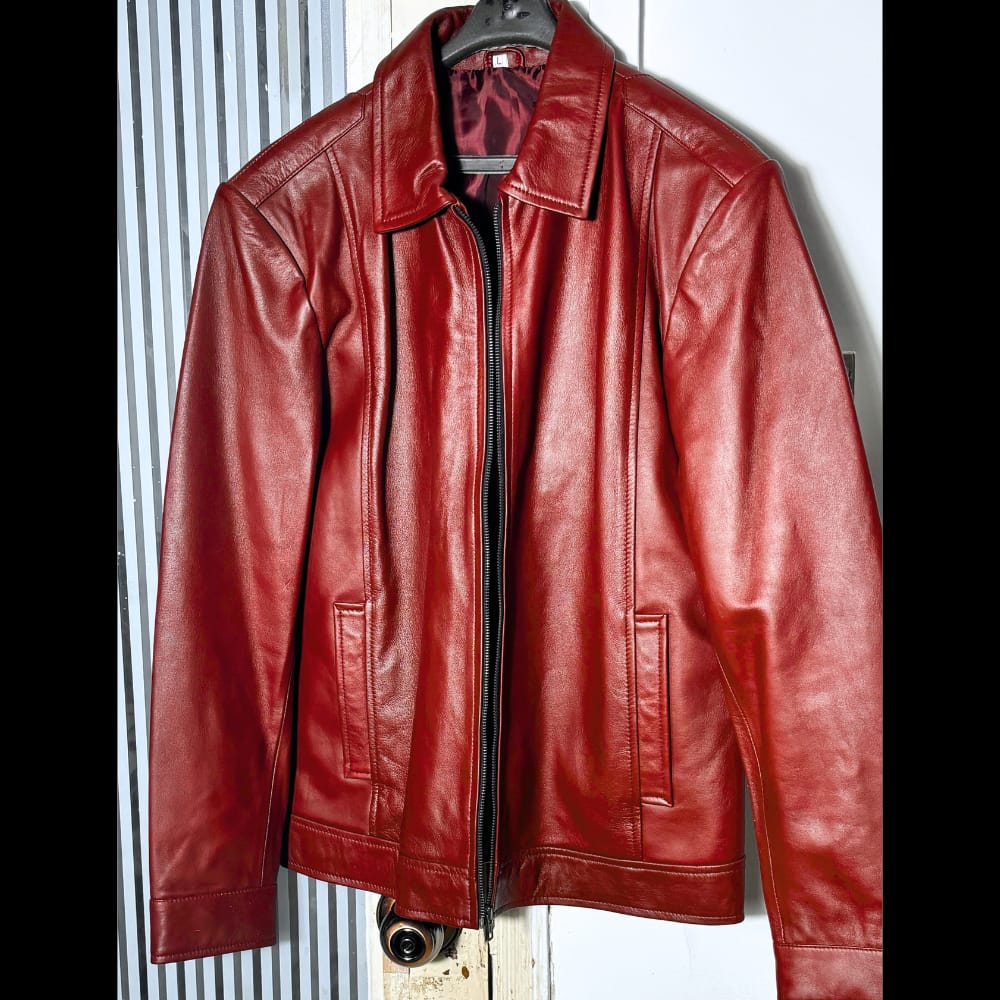 Customer photo review of Buster Brick Red Biker Style Leather Jacket For Men