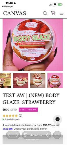 Reviewer's screenshot of the Body Glaze product page showing a price of $999 for the strawberry scent.