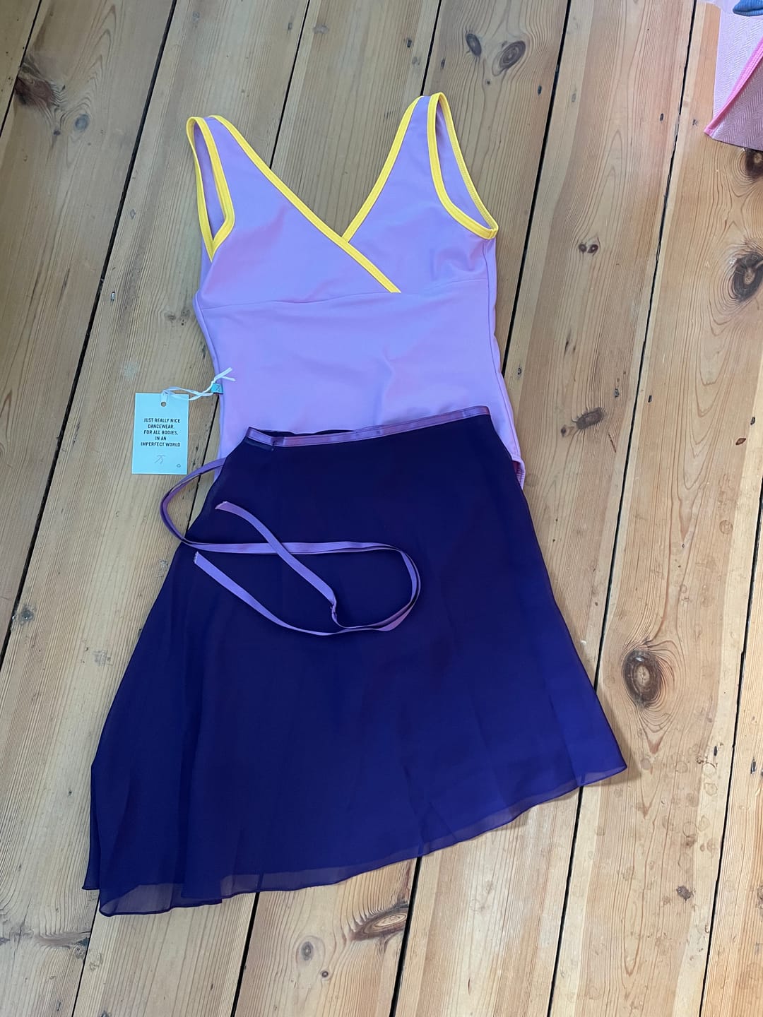 Customer photo review of Women's Marseille Wrap Front Leotard - Lavender with Sunflower Trim