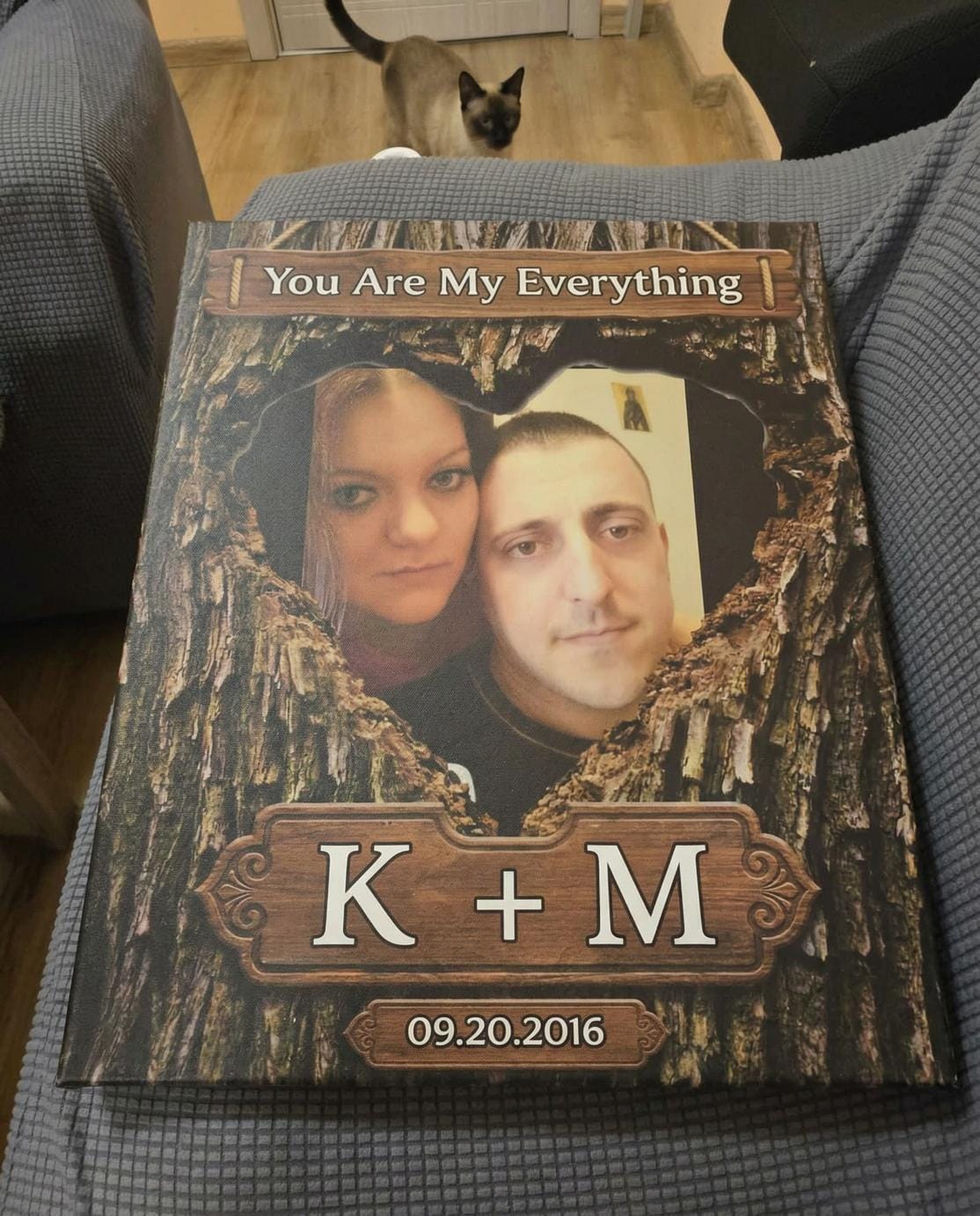 Customer photo review of Canvas for Couples - Photo, Initials and Date in Wood