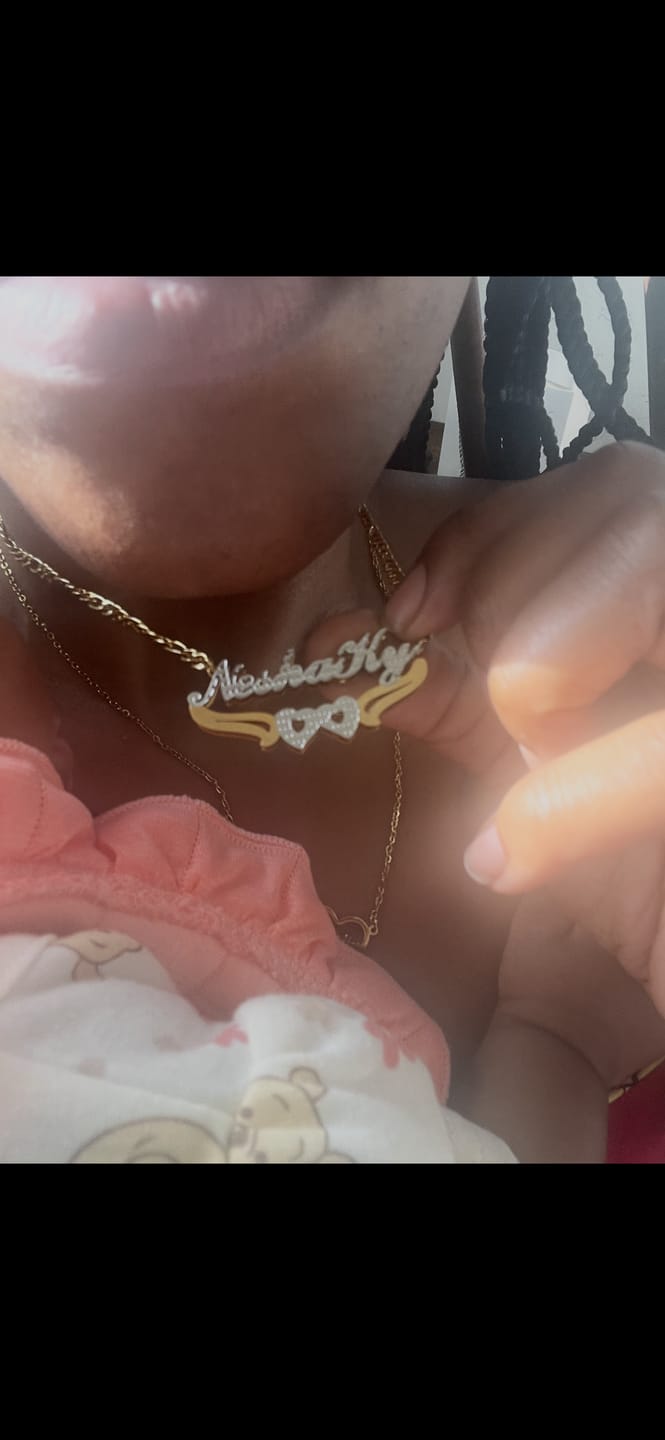 Customer photo review of Double Plated Hearts Name Necklace w/ Figaro Chain