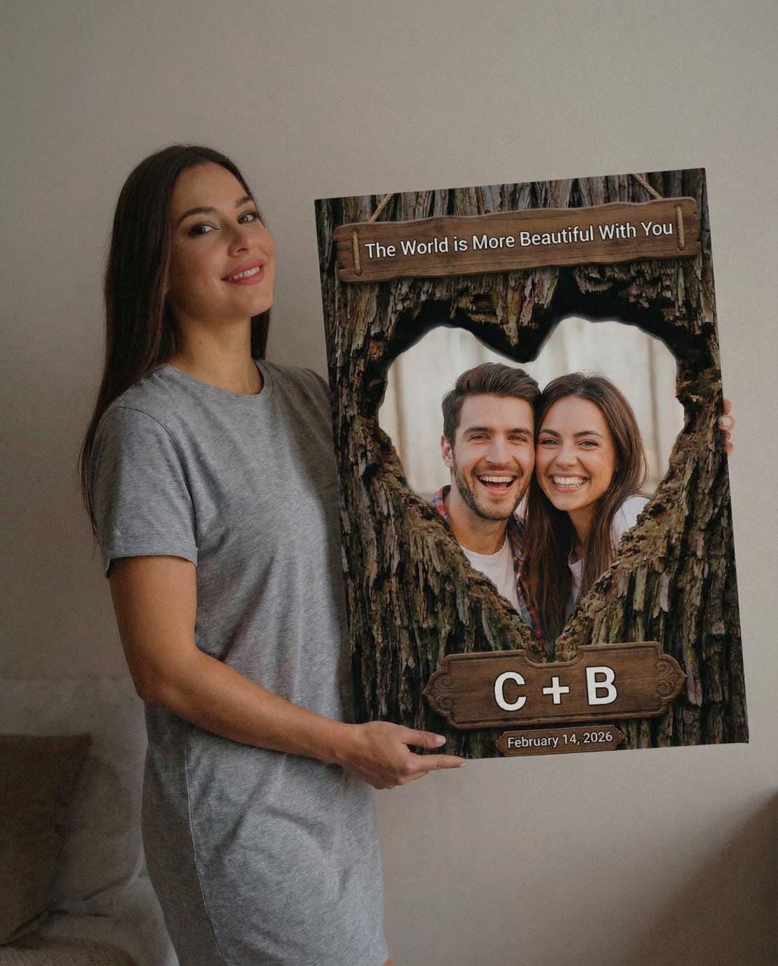 Customer photo review of Canvas for Couples - Photo, Initials and Date in Wood