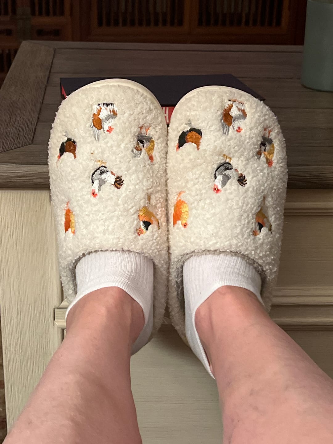 Customer photo review of Backyard Chickens Cream Slippers - Adult